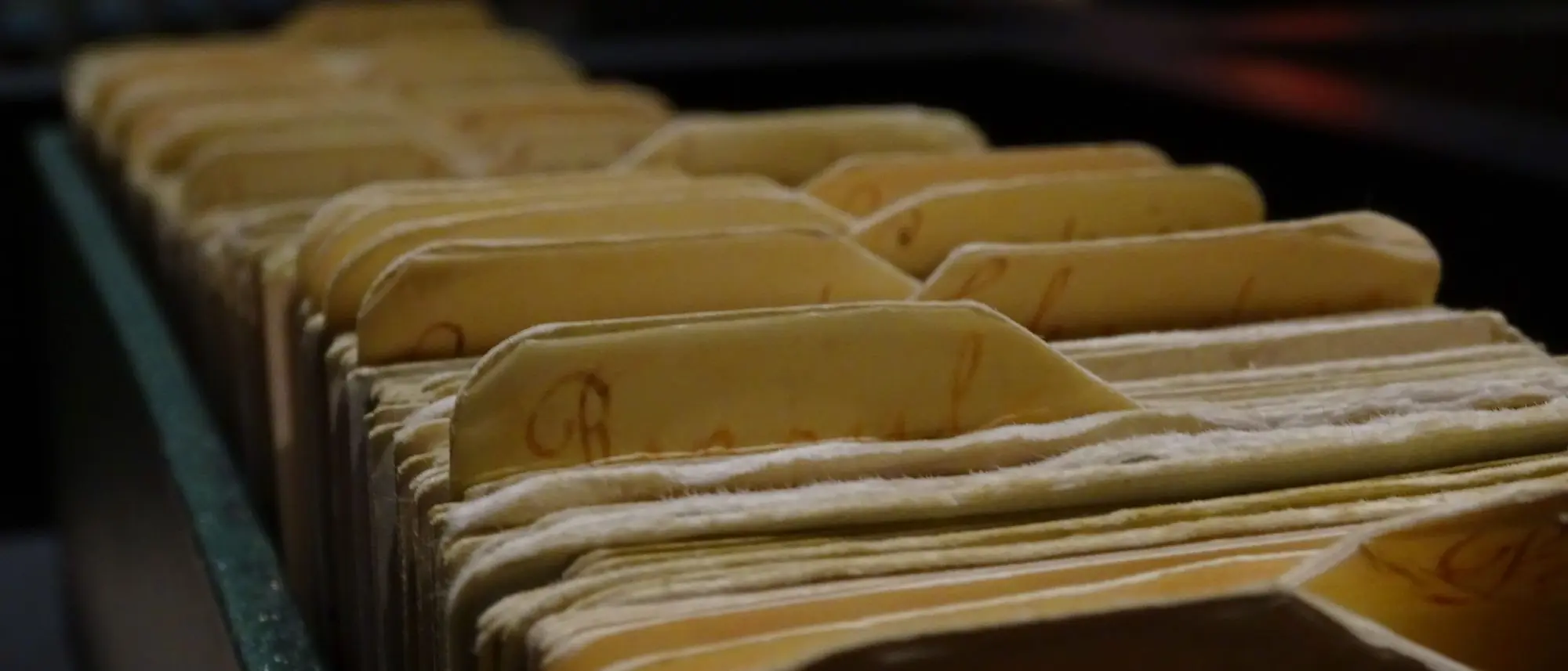 Fichas de un archivador ordenadas dentro de su cajón